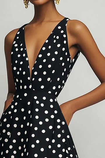 Black A Line V Neck Midi Polka Dots Dress